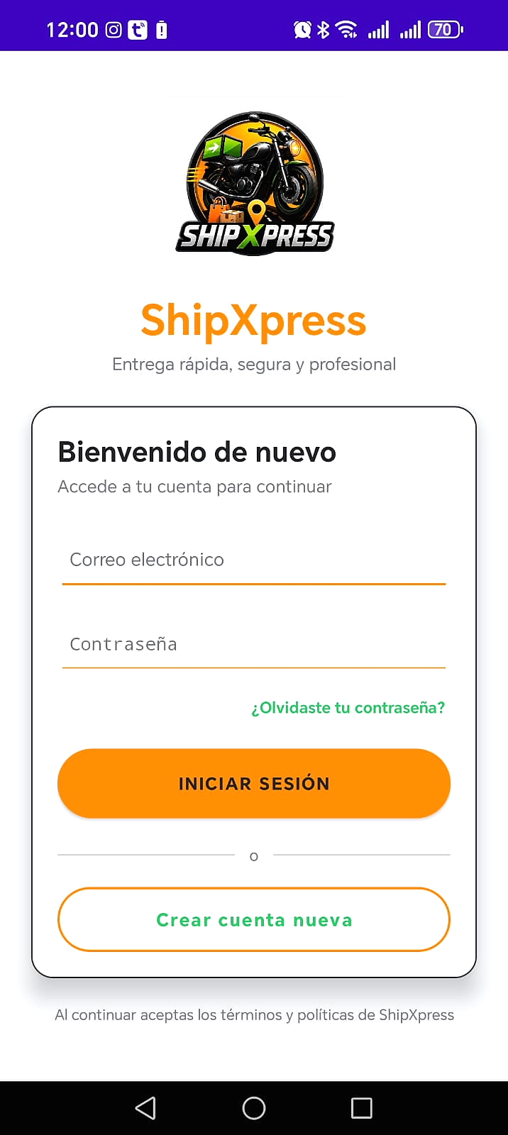 Pantalla de login de ShipXpress